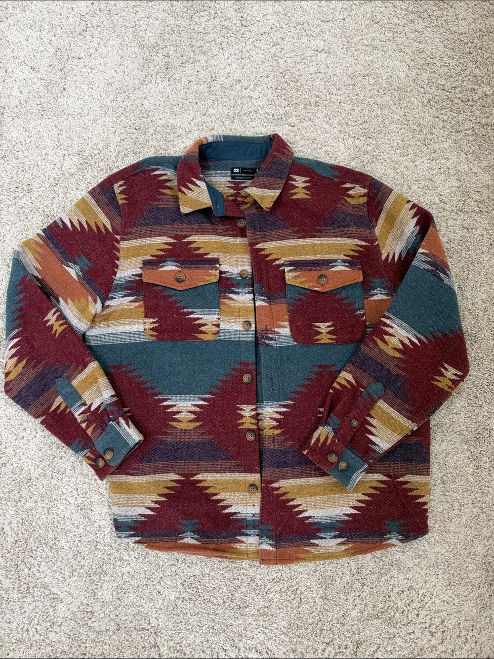 Men's Southwestern Patterned Button-Up Sweater Jacket - Burgundy & Teal